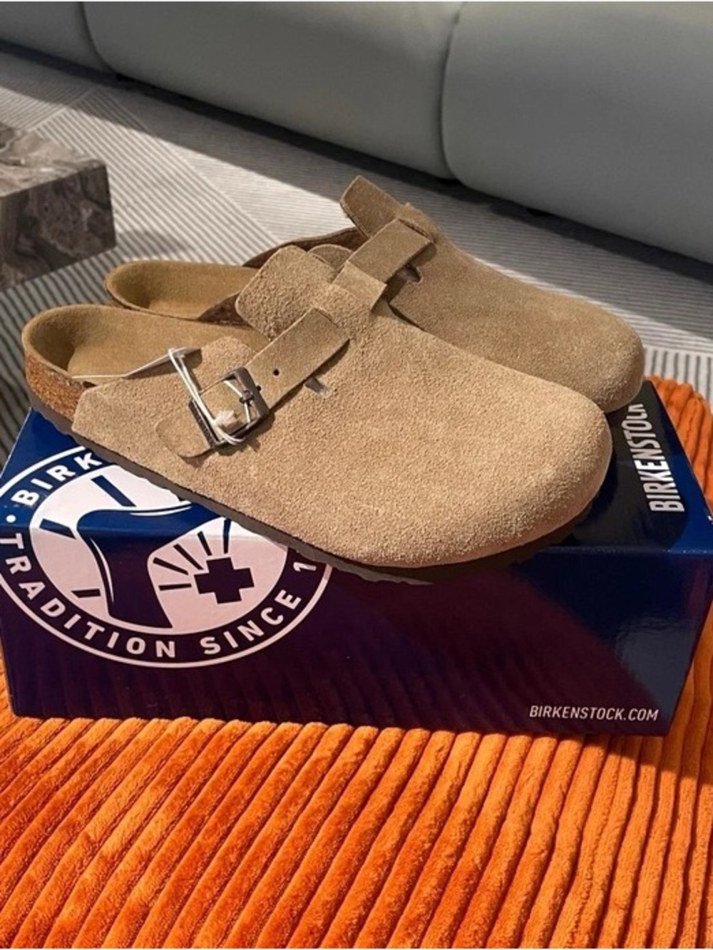 BIRKENSTOCK Boston taupe suede mule clogs